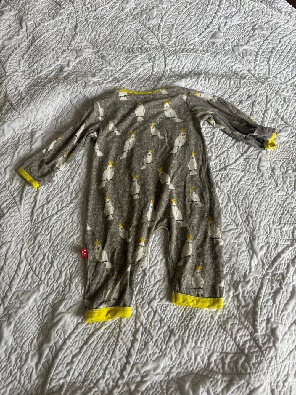 Magnetic Me Gray One-Piece Footie with Yellow Trim and Cockatoo Print